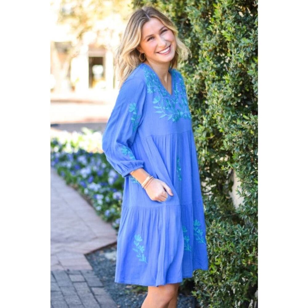 New J. Marie Blue Floral The Madeline Embroidered Mini Dress Size XS